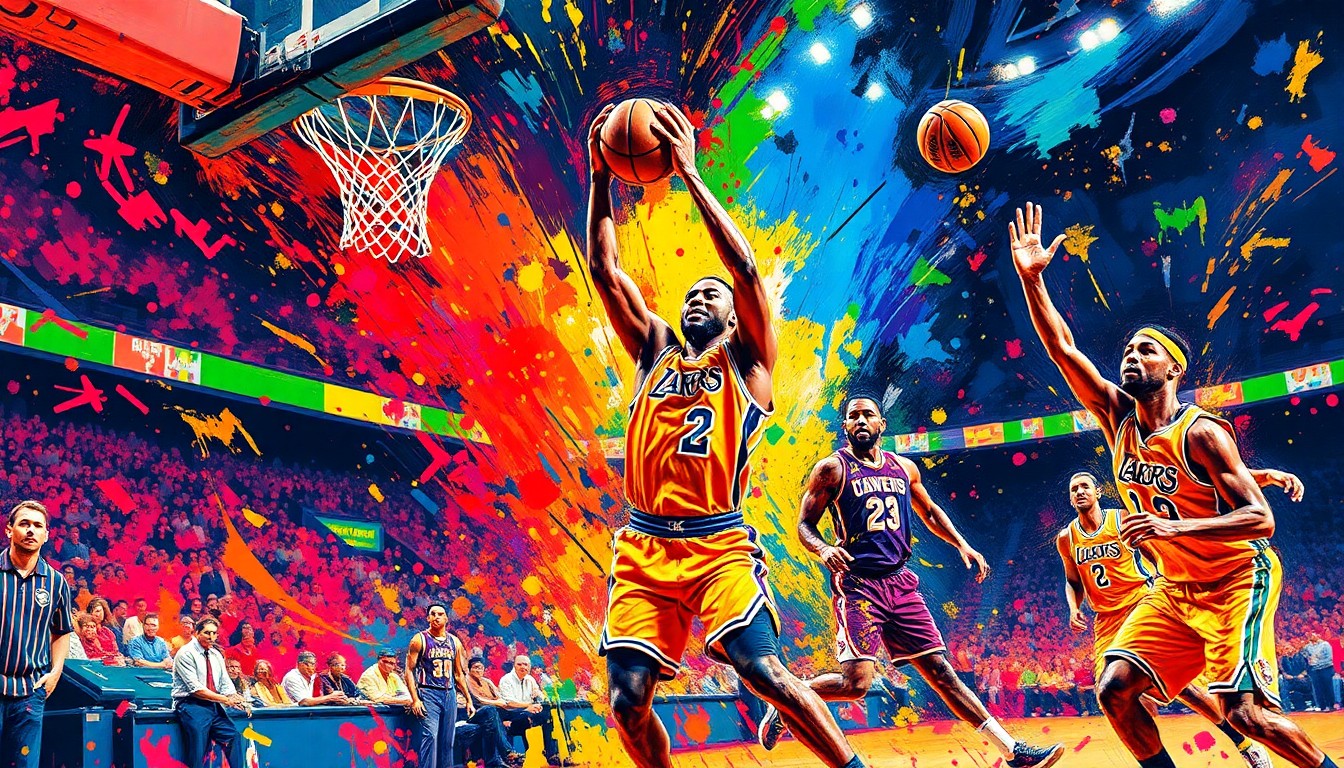 A vibrant, energetic painting with rapid brushstrokes and neon colors capturing the raw intensity of a high-scoring NBA game, with players' forms dissolving into abstract shapes and splashes of color.