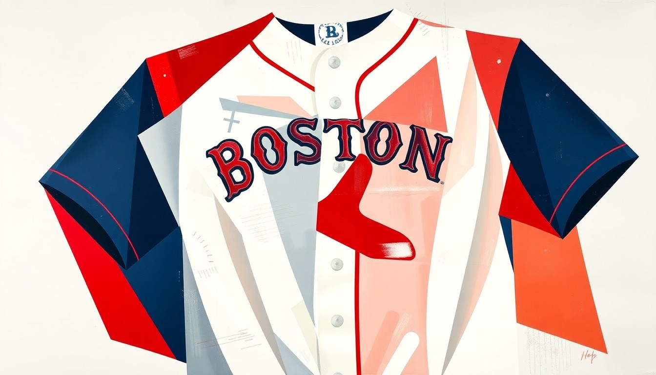 A fractured, cubist-style painting depicting a Boston Red Sox baseball jersey broken down into sharp, overlapping geometric shapes in shades of red, white, and navy blue, conceptually representing the controversy surrounding the team's partnership with Fanatics.