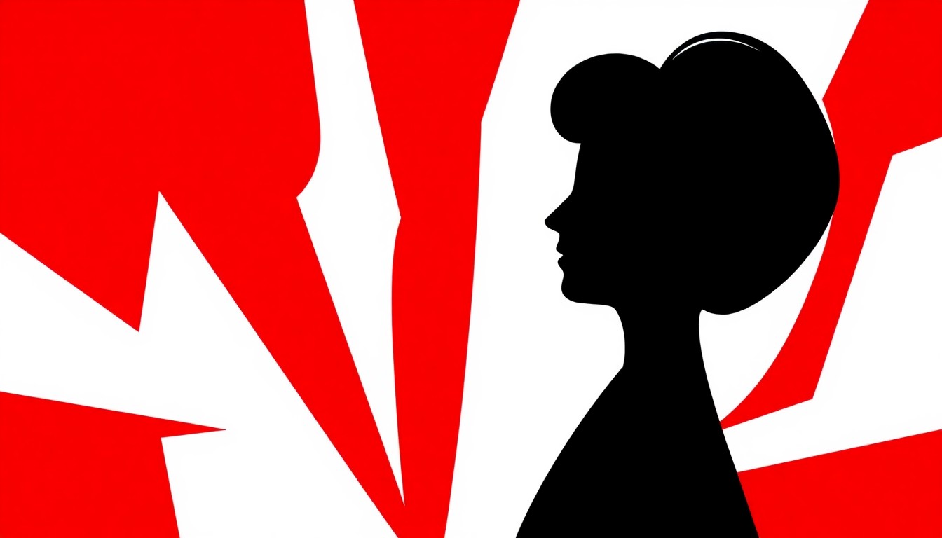 A minimalist, abstract illustration featuring bold, jagged geometric shapes in striking red and white, conceptually representing the life and work of pioneering animator Jane Baer.