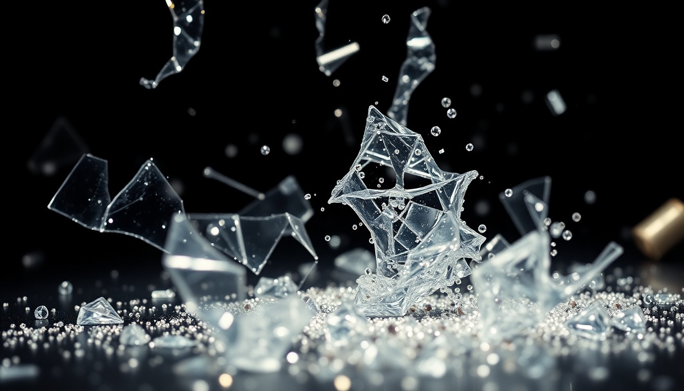 An abstract close-up image of shattered glass and sequins, captured in dramatic, high-contrast studio lighting to evoke the glamour and tension of a celebrity divorce case.