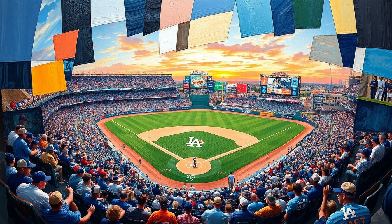 A cubist-style painting featuring overlapping geometric shapes and planes in shades of blue, red, and yellow, capturing the dynamic energy and movement of a baseball game.