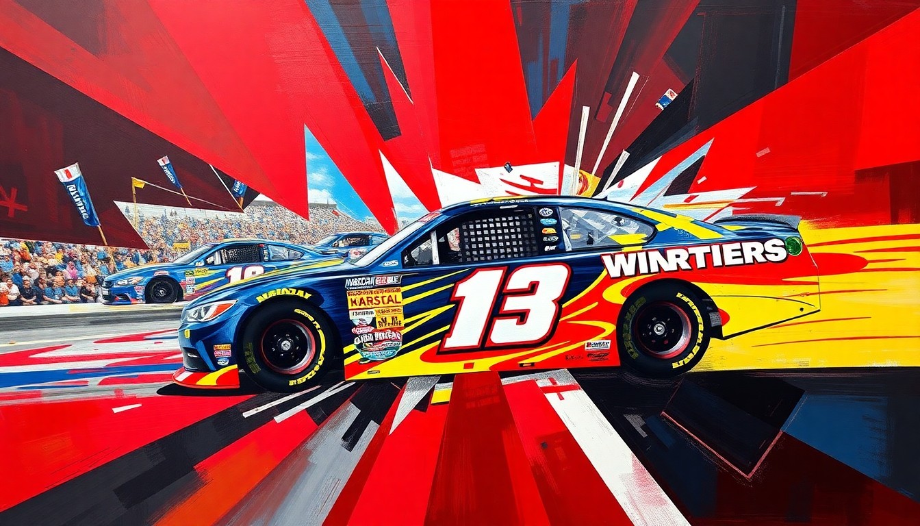 A cubist, geometric painting in vibrant colors of red, blue, and yellow, breaking down the NASCAR Craftsman Truck Series race at Bristol Motor Speedway into sharp, overlapping planes, conceptually representing the raw energy and emotion of Halmar Friesen Racing's first victory.