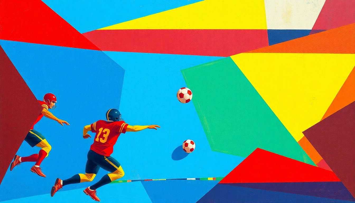 A cubist-style painting depicting a flag football game, with the players and ball represented through sharp, overlapping geometric shapes in a vibrant color palette, capturing the dynamic and fast-paced nature of the sport.