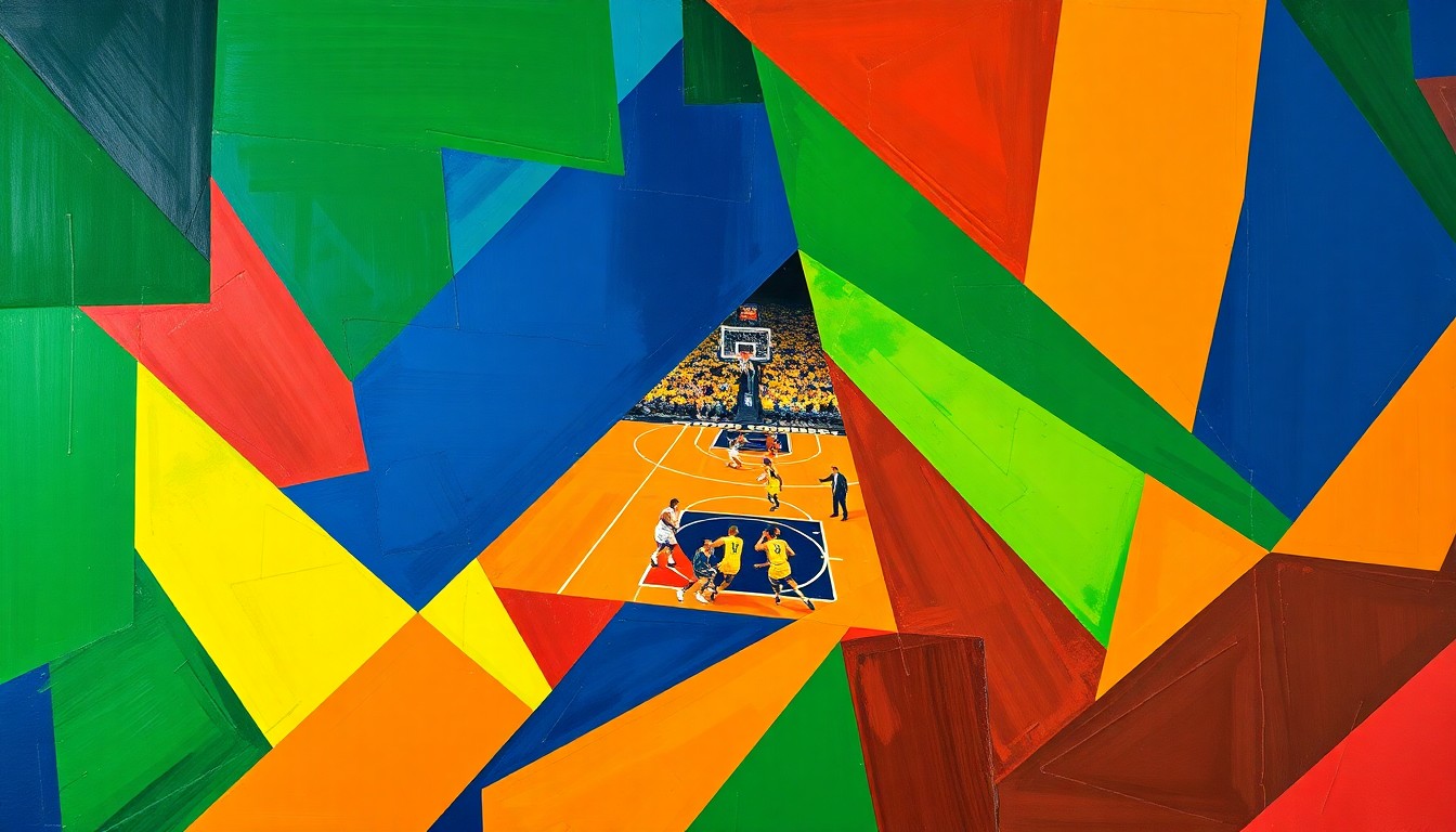 A fragmented, geometric painting in bold colors depicting the dynamic action and strategic interplay of an NBA game, with players' forms dissolving into overlapping planes of movement and energy.