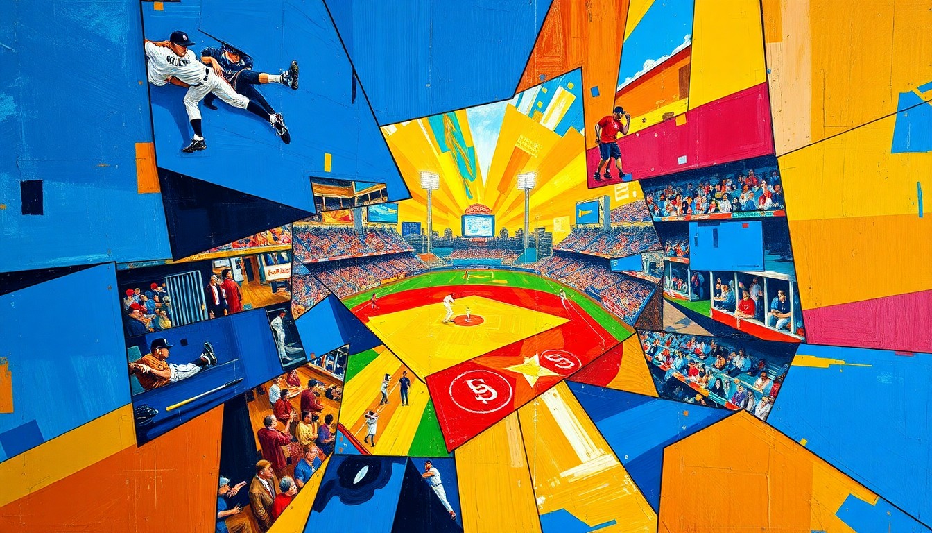 A fractured, geometric painting in vibrant shades of blue, gold, and crimson, depicting the overlapping movements and perspectives of a baseball game or match, conceptually representing the Royals' search for the perfect leadoff hitter.