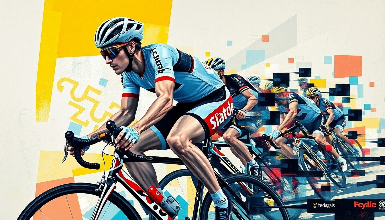 A fractured, multi-perspective painting depicting a cyclist in motion, with sharp, overlapping geometric planes that dissolve the cyclist's face and team logos into unrecognizable shapes, conveying the raw energy and movement of the sport.