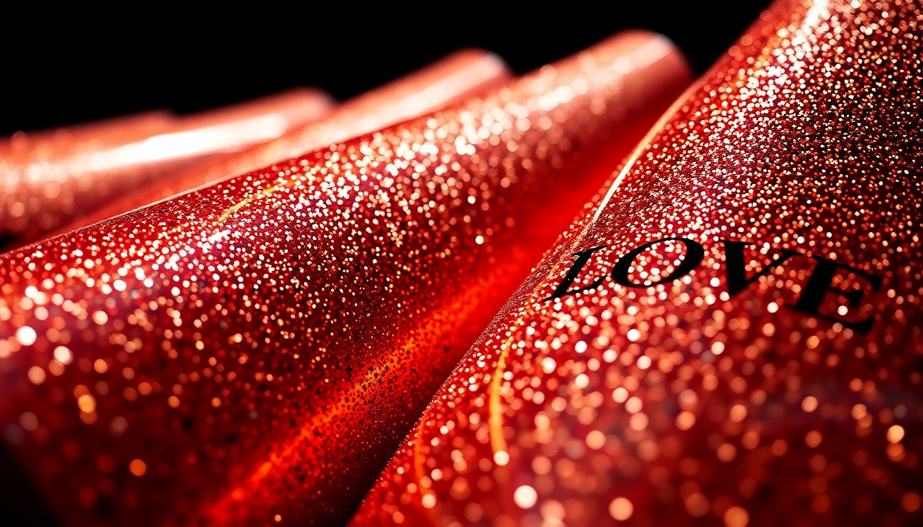 An extreme close-up photograph of the shimmering, glittering surface of a wine bottle, capturing the luxurious, high-contrast glamour of Grant's LOVE Wine label designs.