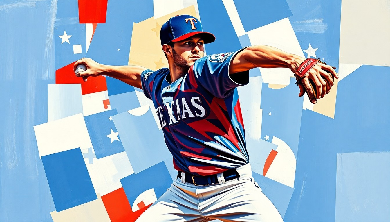 A cubist, geometric painting depicting a baseball pitcher's throwing motion, broken down into sharp, overlapping planes of navy blue, red, and white, representing the Texas Rangers' official team colors.