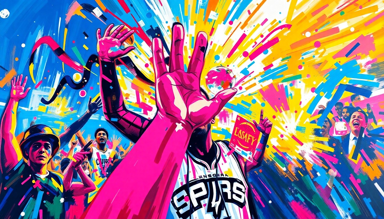 An abstract, expressionist painting in neon colors featuring dynamic, overlapping brushstrokes that capture the raw excitement and energy of San Antonio Spurs fans celebrating their team's return to the NBA playoffs.
