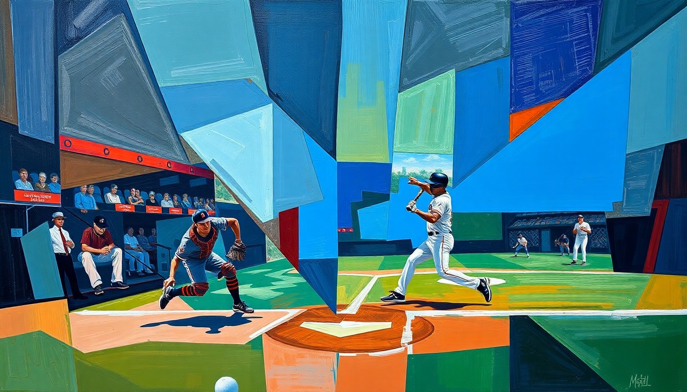 A fragmented, geometric painting depicting a baseball player's movements and the trajectory of the ball, rendered in bold, overlapping shapes and vibrant colors.
