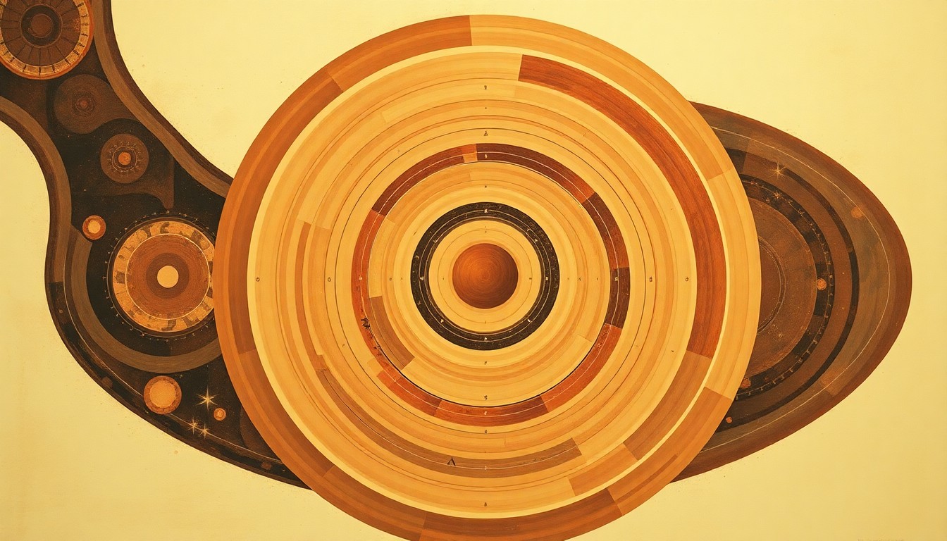 An abstract, highly structured painting in soft, earthy tones featuring sweeping geometric arcs, concentric circles, and precise spirals, conceptually representing the intricate neural networks of the brain and the impact of psychedelic drugs.