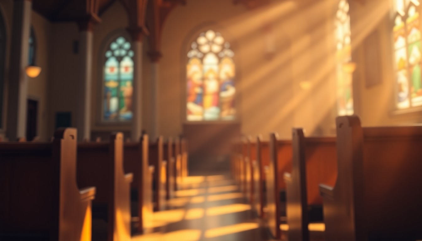 An abstract, out-of-focus photograph of a church interior, with warm pools of light and color reflecting off the wooden pews and stained glass windows, conveying a sense of contemplative spirituality and quiet hope.
