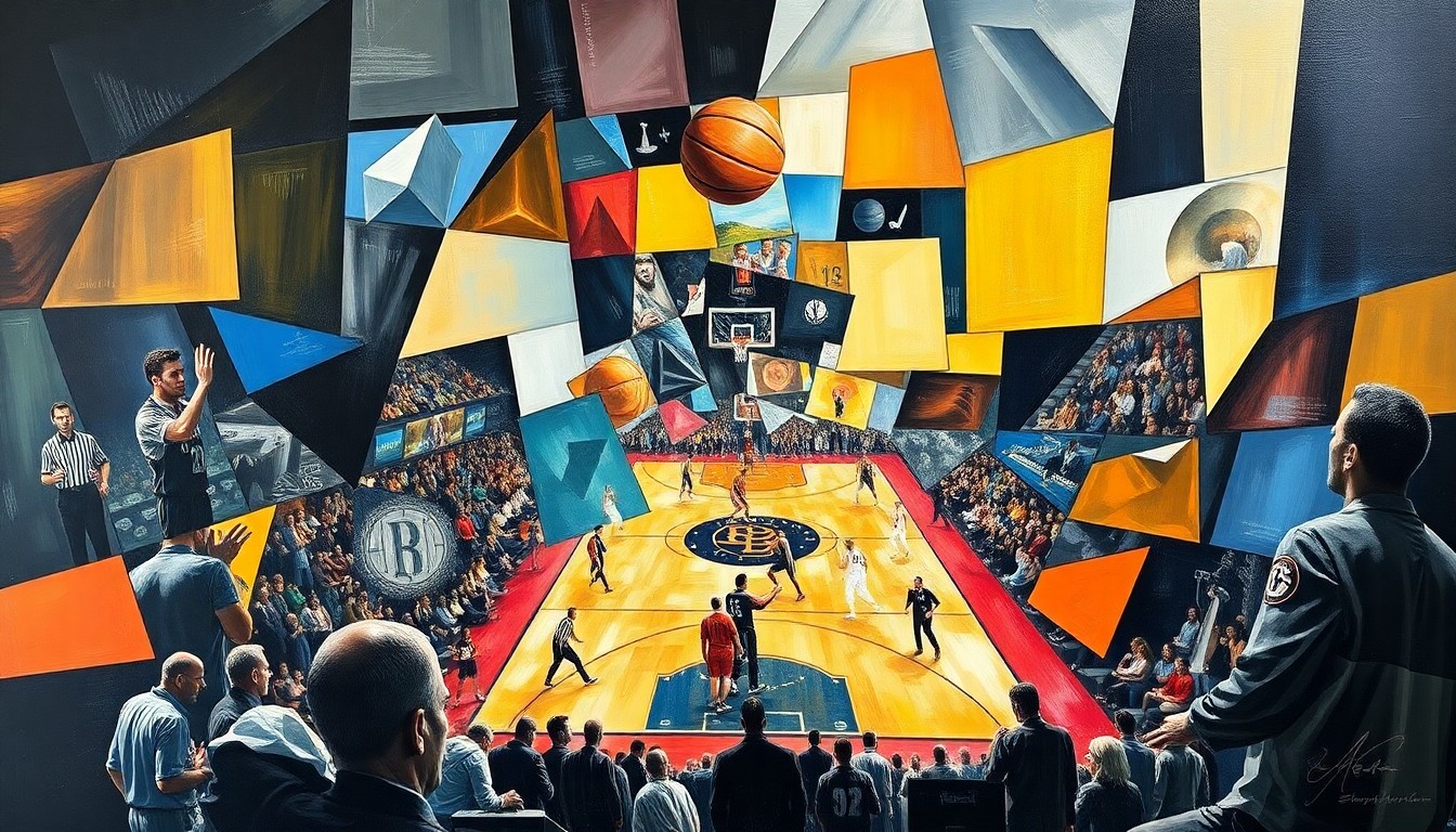 A fractured, multi-perspective painting depicting a basketball game, with the players and court broken down into sharp, overlapping geometric shapes and planes in a cubist style, conveying the dynamic and strategic nature of the matchup.