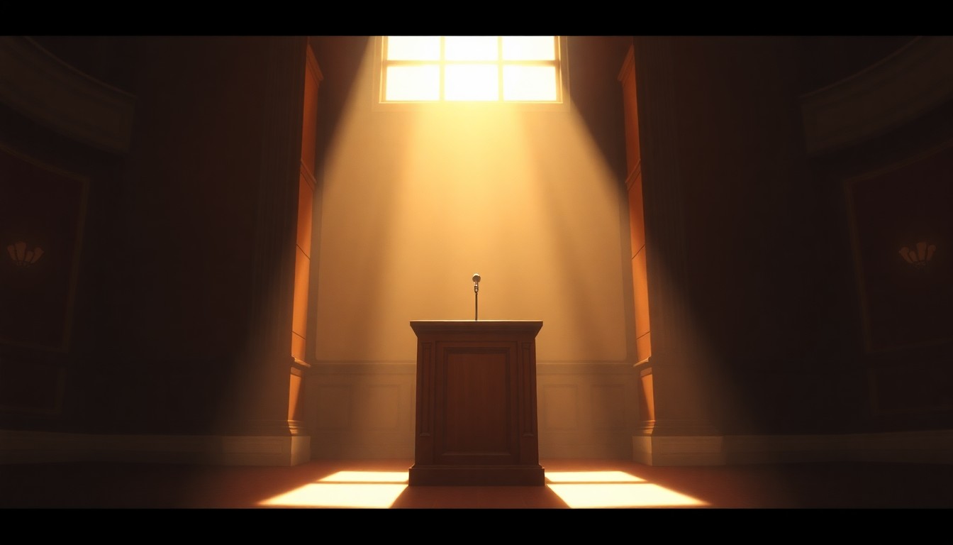 A photorealistic oil painting depicting an empty city council podium in a dimly lit room, with warm sunlight streaming in through a window and casting dramatic shadows across the scene, conveying a sense of gravity and importance surrounding the municipal budget debate.