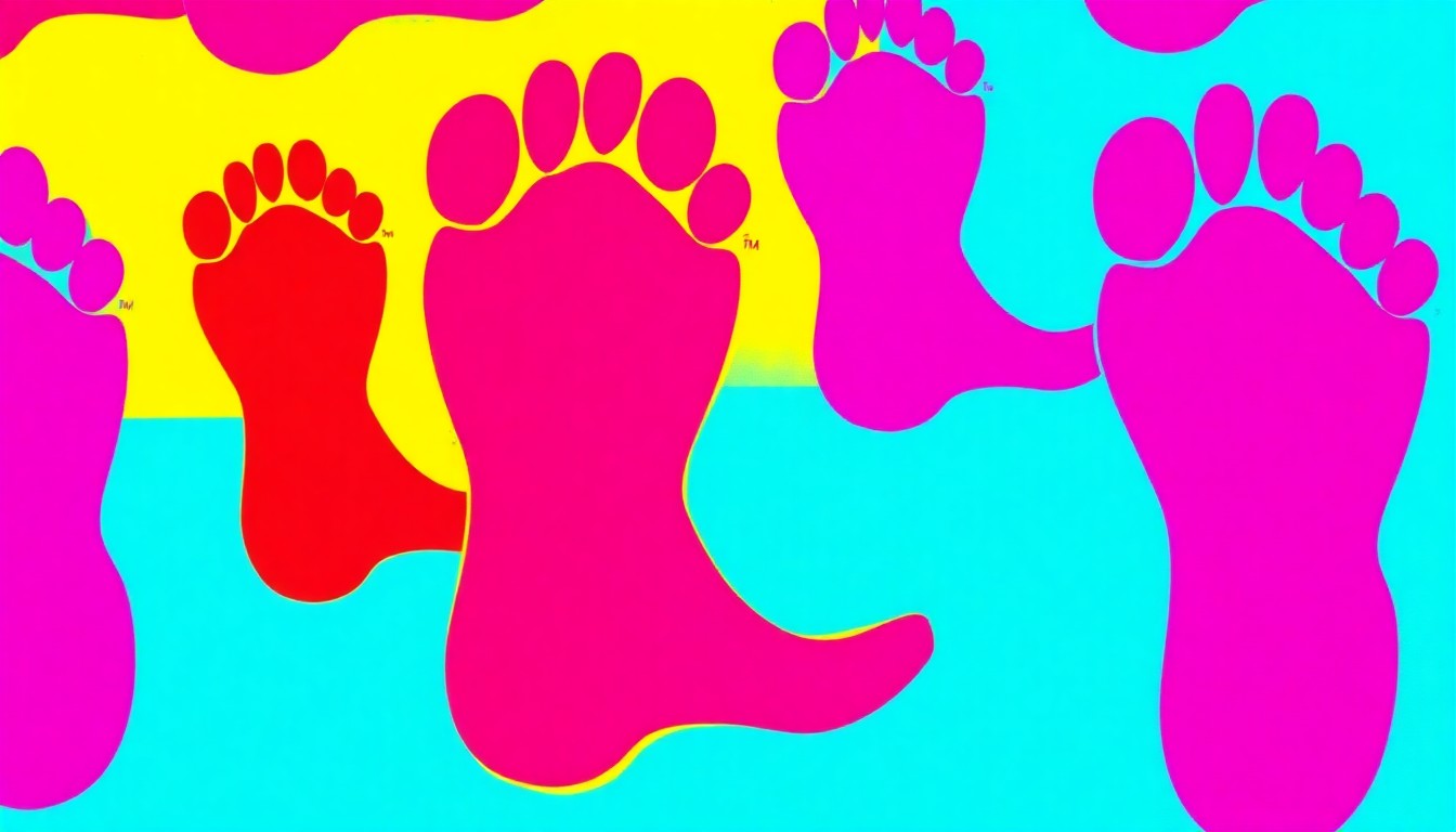 A high-contrast, brightly colored silkscreen print featuring a grid of oversized Bigfoot footprints, conceptually representing the local community's growing fascination with the recent spike in sightings of the elusive creature.