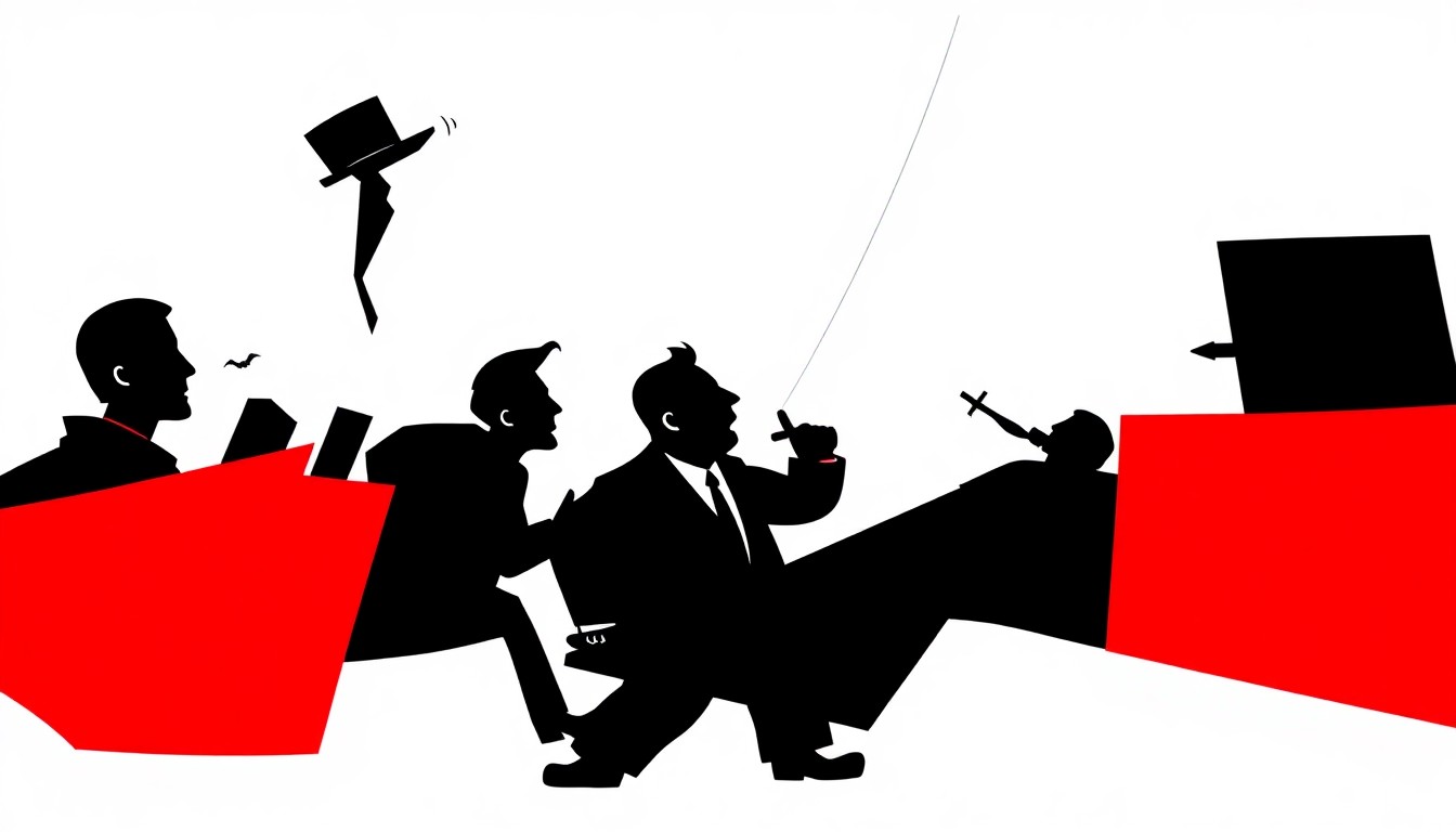 An abstract, minimalist illustration featuring bold, jagged shapes and silhouettes in high-contrast red and white, conceptually representing the art and impact of political cartoons.