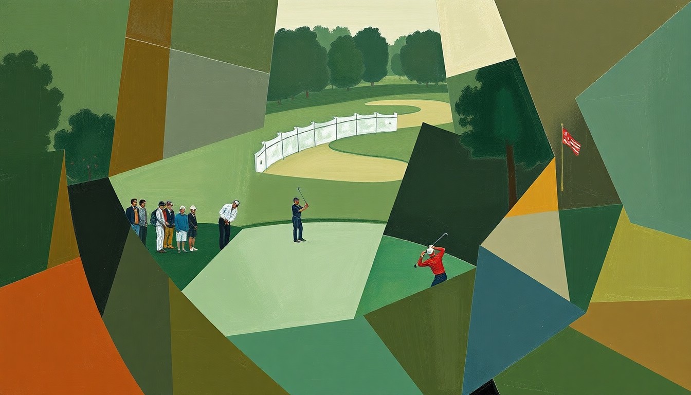 A fragmented, geometric painting depicting a golf tournament scene with overlapping planes of muted greens, browns, and blues, conveying the disruption and chaos of the security incident.