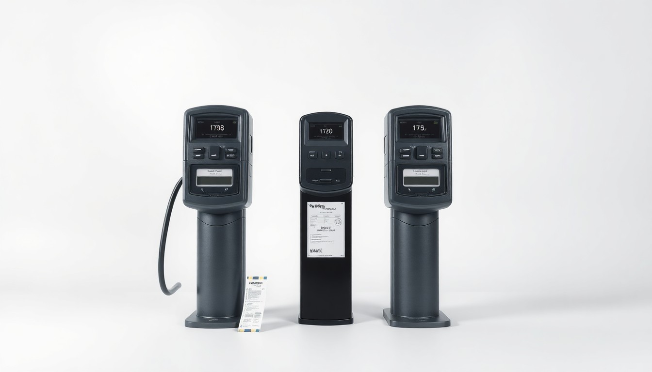 A high-end, photorealistic studio still-life photograph featuring a set of modern parking meters and a parking validation ticket on a clean, monochromatic seamless background, symbolizing the efficiency and revenue generation of Hot Springs' updated parking system.