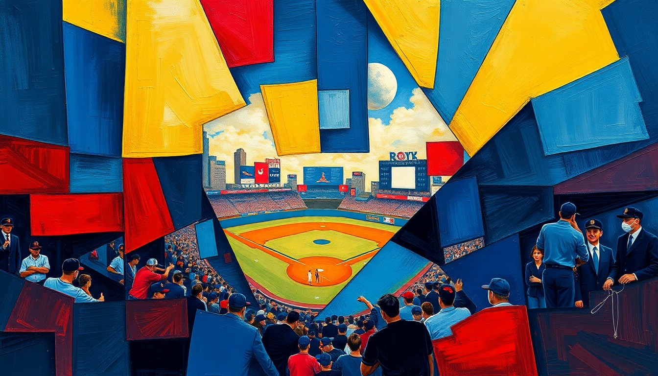 A cubist, geometric painting depicting a Guardians baseball game, with sharp, overlapping planes of navy, red, and gold colors capturing the dynamic energy of the sport.