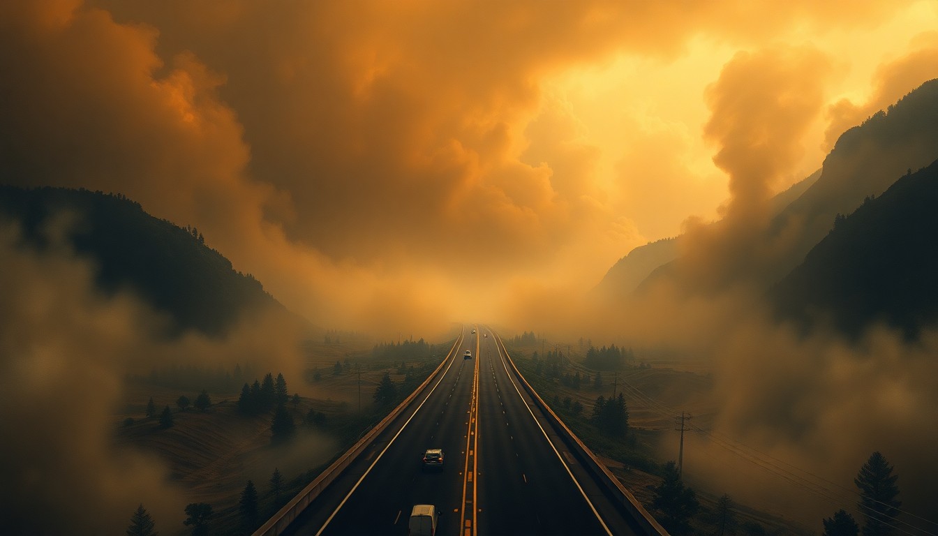 A vast, atmospheric landscape painting in muted tones of gray, brown, and blue, depicting a highway ramp surrounded by a dense, smoky haze. The ramp and any visible vehicles are dwarfed by the overwhelming scale of the natural environment, conveying the raw power of the brush fire and the vulnerability of human infrastructure.