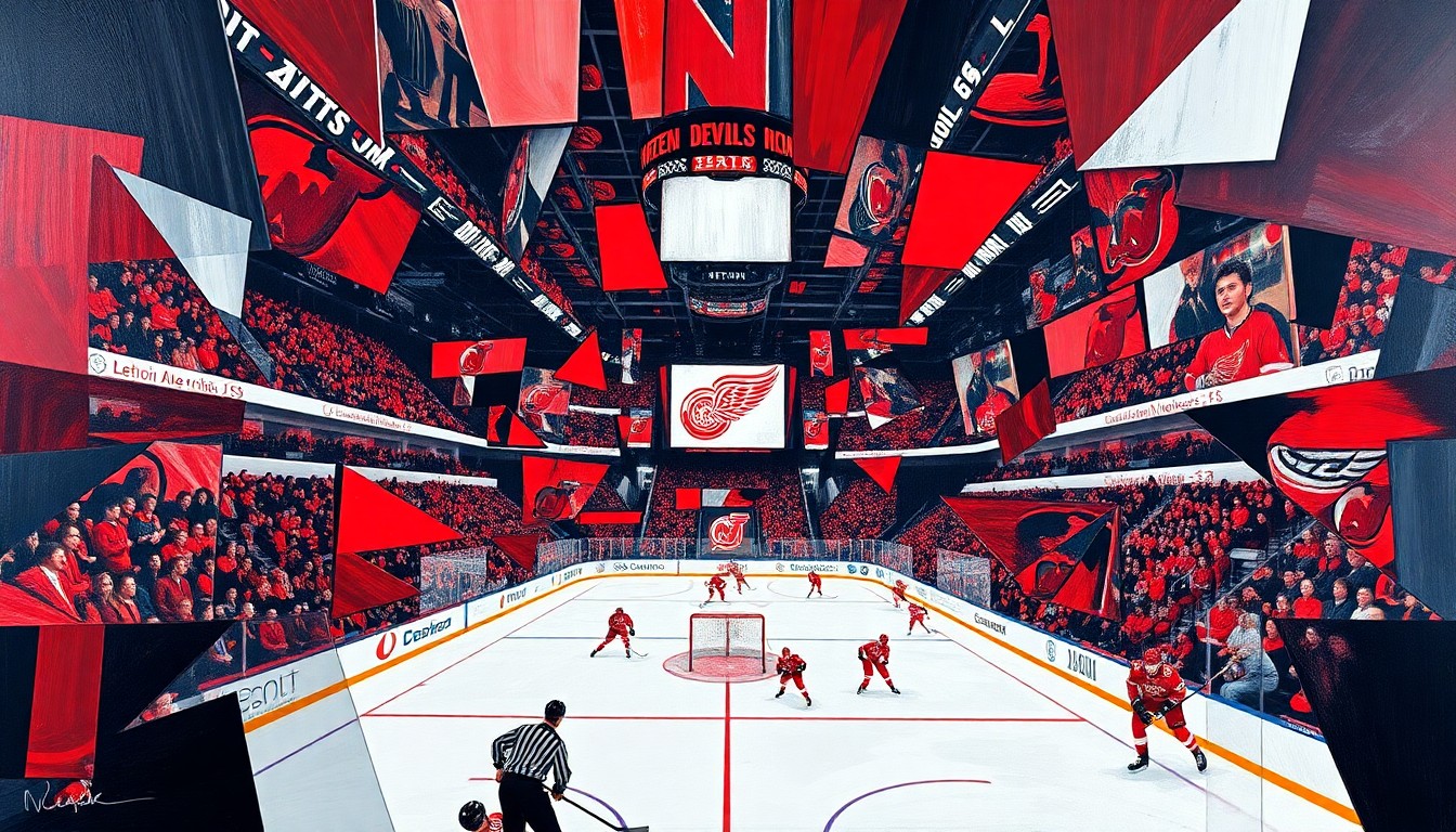 A fractured, multi-perspective painting in bold, angular shapes and planes of red, white, and black, conceptually representing the high-stakes final games of the Detroit Red Wings' playoff push.