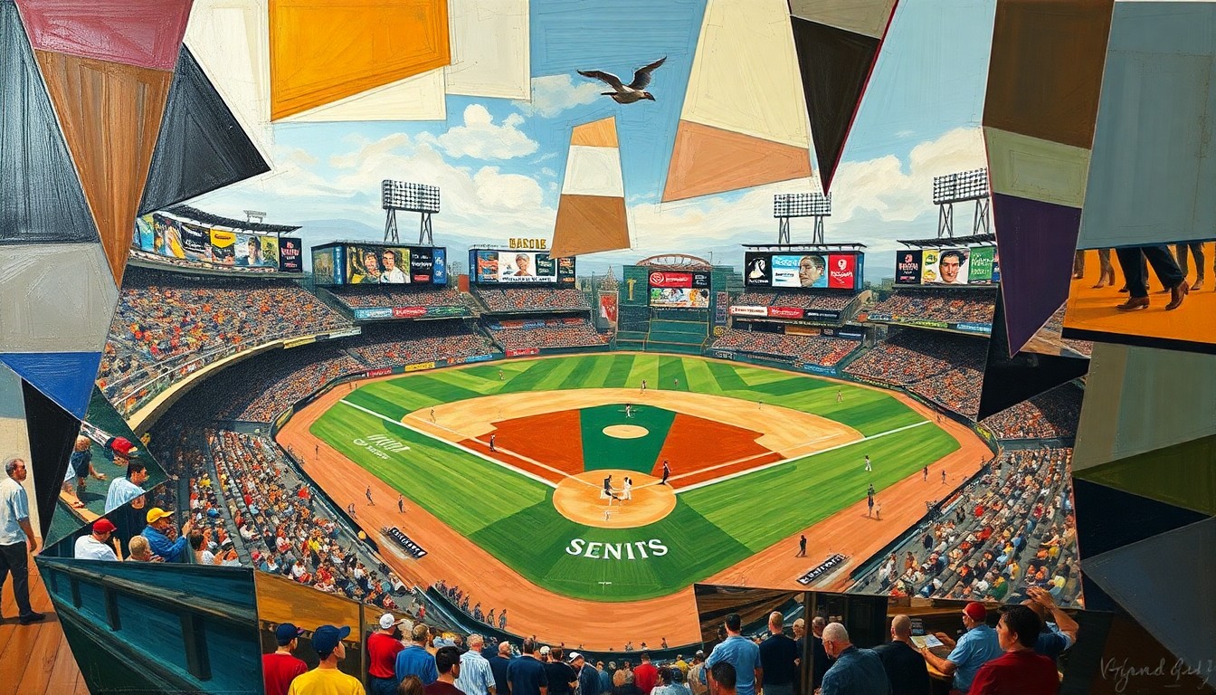 A cubist, geometric painting depicting a baseball game, with players and the field broken down into sharp, overlapping shapes and planes of color, capturing the dynamic energy of the sport.