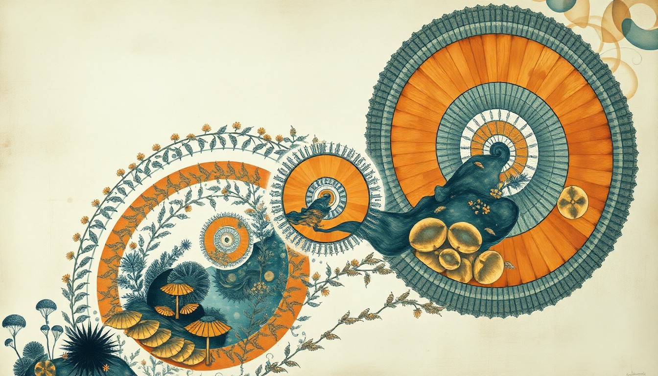 A bold, abstract painting in soft greens, blues, and browns, featuring sweeping geometric shapes and precise botanical spirals, conceptually representing the complex interplay between shipwrecks and the diverse marine life they support.