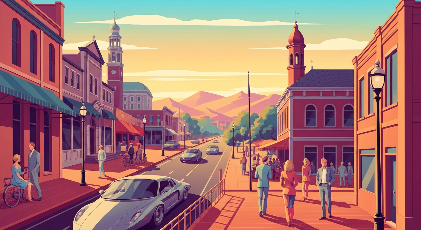 A highly stylized, geometric illustration depicting the grand scale and diverse offerings of Pitman, New Jersey's vibrant food scene, with sweeping architectural forms and smooth color gradients conveying a sense of energy and creativity without any literal depictions.