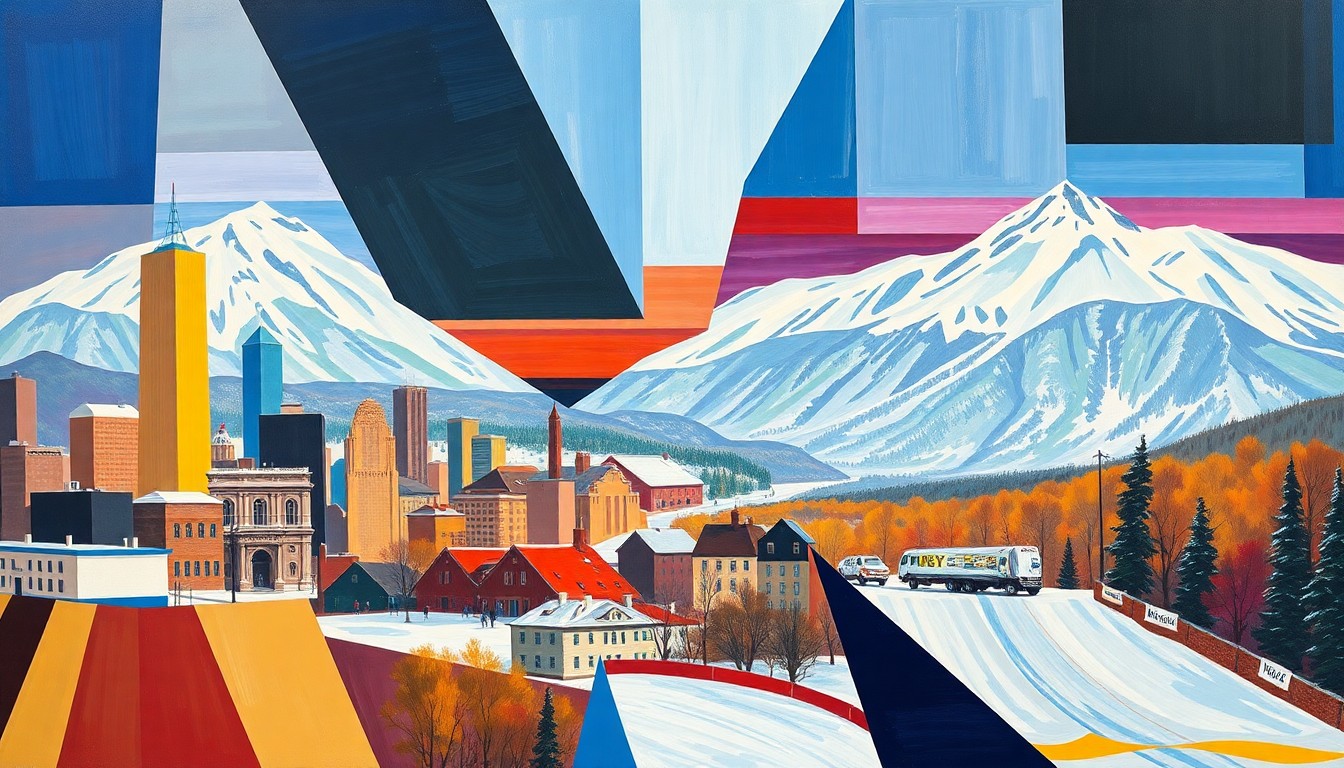 A fractured, cubist-style painting depicting winter sports events and competitions in New York City and Lake Placid, with the iconic skyline and Adirondack peaks rendered in a vibrant, geometric style that captures the energy and dynamism of the proposed Olympic bid.