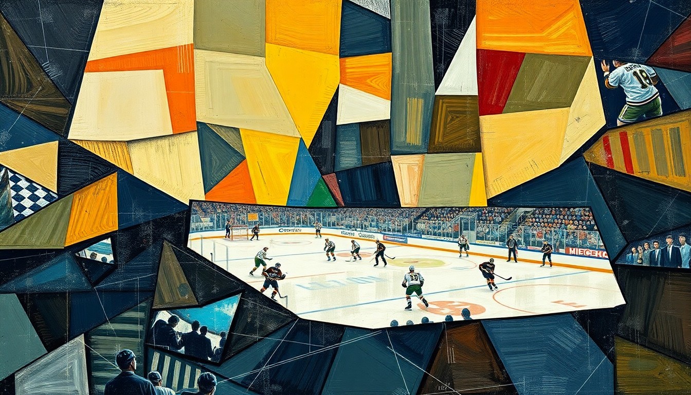 A fragmented, geometric painting depicting a hockey game or match, with overlapping planes and shapes representing the unpredictable nature of the Western Conference playoff race.