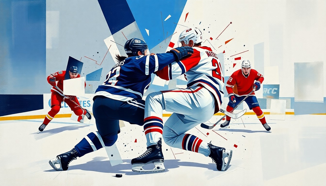 A fragmented, geometric painting depicting the violent collision between two hockey players, with sharp planes of color and form conveying the impact and chaos of the moment.