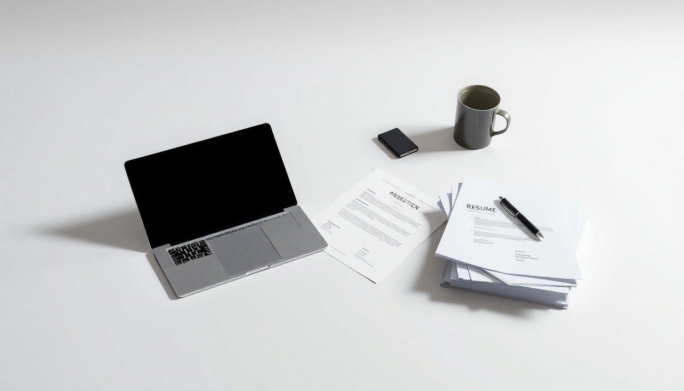 A sleek, modern desk with a laptop, a pen, and a stack of resumes arranged elegantly on a clean, monochromatic background, representing the abstract concepts of job hunting and corporate communication.