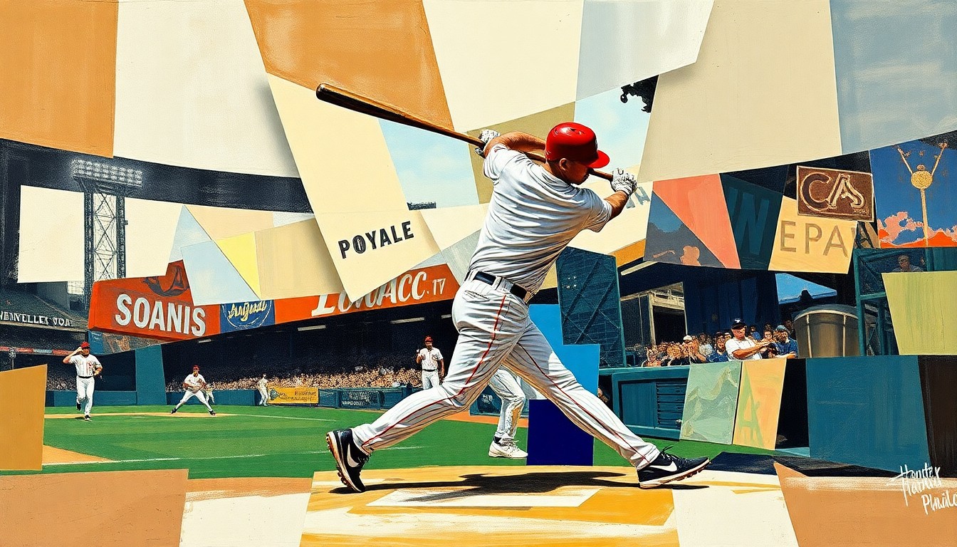 A cubist, geometric painting depicting a baseball player's swing or a baseball game, with sharp, overlapping planes of color and form, conveying the fragmented nature of the sport and the challenges teams face when a star player is sidelined.