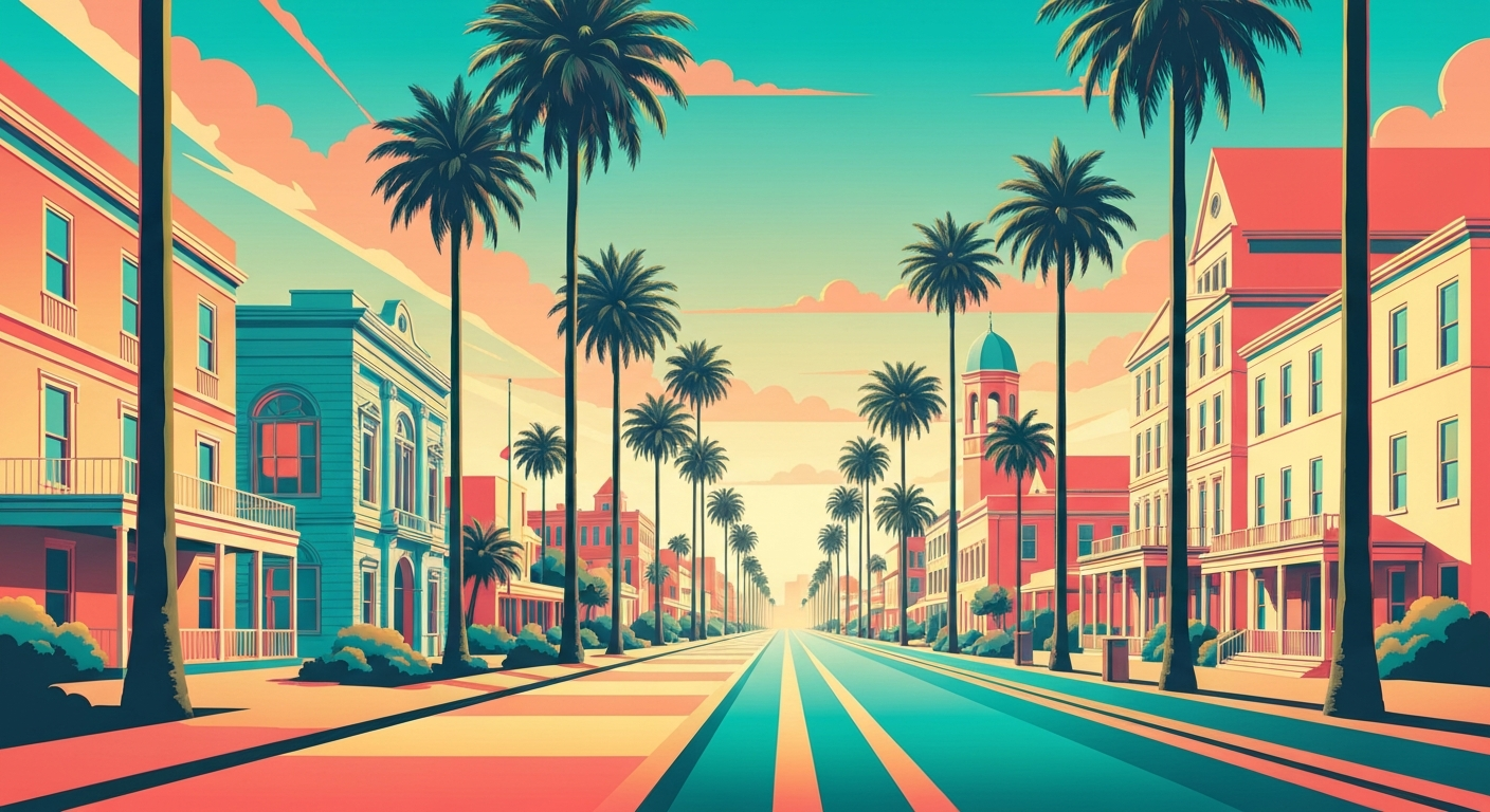 A bold, geometric illustration in shades of turquoise, coral, and gold depicting the grand scale and romantic atmosphere of a coastal small town, with towering palm trees and historic architecture rendered in a sleek, streamlined style.