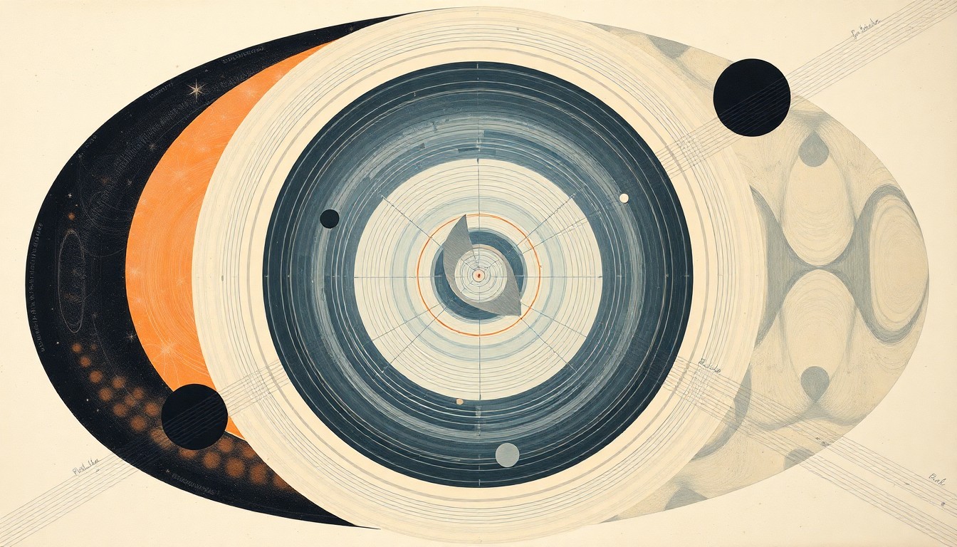 A vibrant abstract painting featuring sweeping geometric arcs, concentric circles, and precise musical waveforms in a soft color palette, conveying the interplay of music and space exploration.