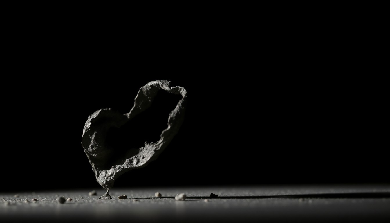 An extreme close-up photograph of a charred, twisted piece of metal from a motorhome, lit by a harsh, direct camera flash against a pitch-black background, conceptually illustrating the aftermath of a fire and the need for fire safety awareness.