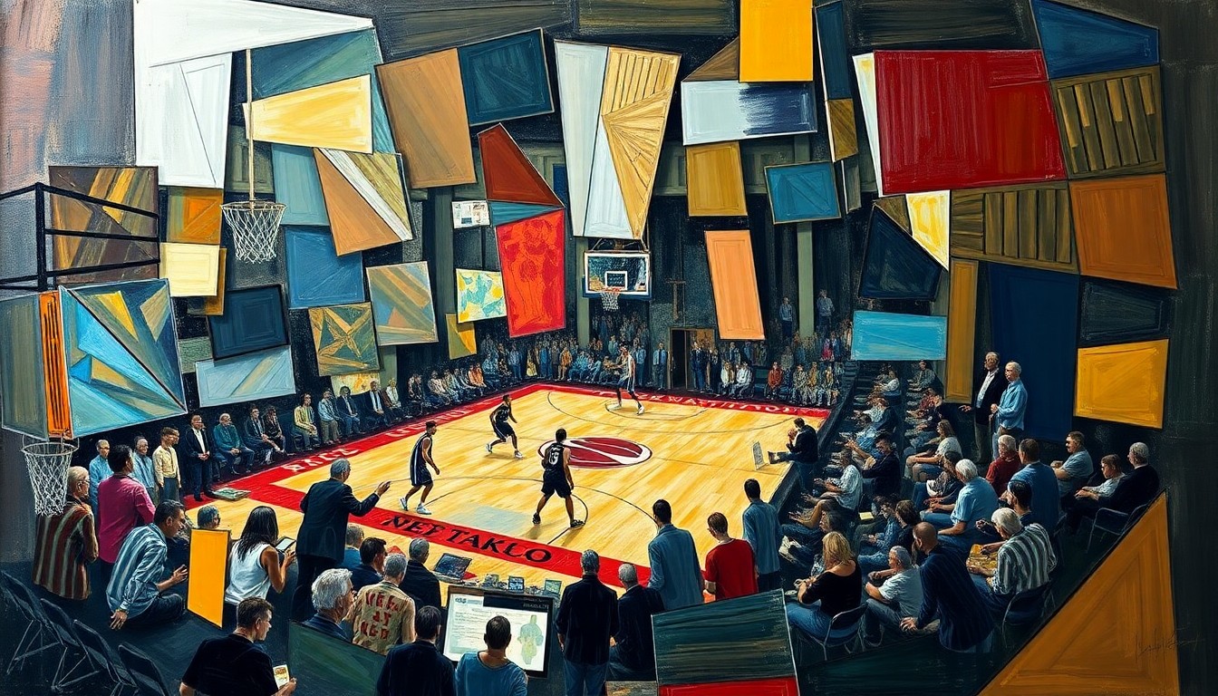 A cubist, geometric painting depicting a fragmented basketball court and players, conveying the conceptual tension and strategic considerations behind the Warriors' roster decision.