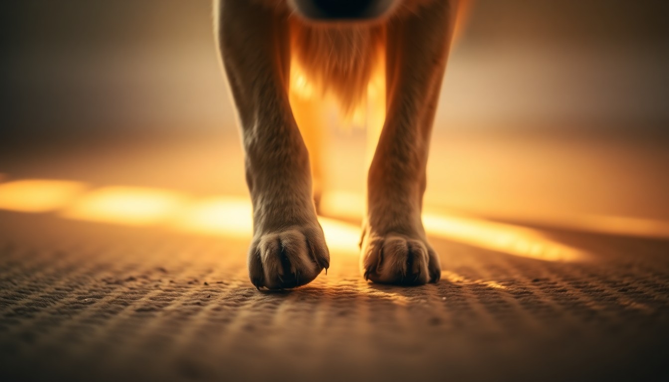 An extremely abstracted, out-of-focus photograph of a dog's paws walking on a textured surface, composed entirely of soft, warm pools of light and color in the style of Saul Leiter, conceptually representing the intimate and dreamlike nature of Bella's story.