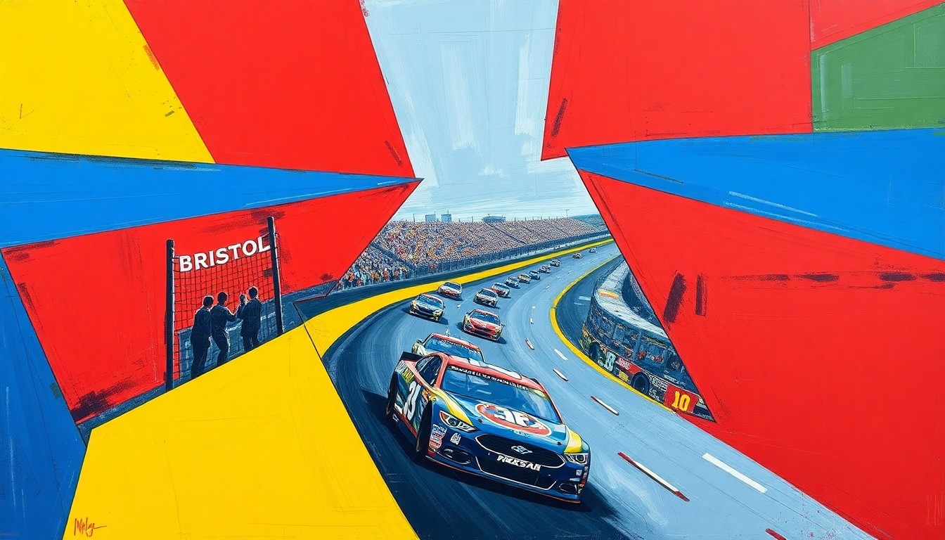 A fragmented, geometric painting in bold primary colors depicting the chaotic action of a NASCAR race at Bristol Motor Speedway, with cars and track elements broken down into sharp, overlapping planes.