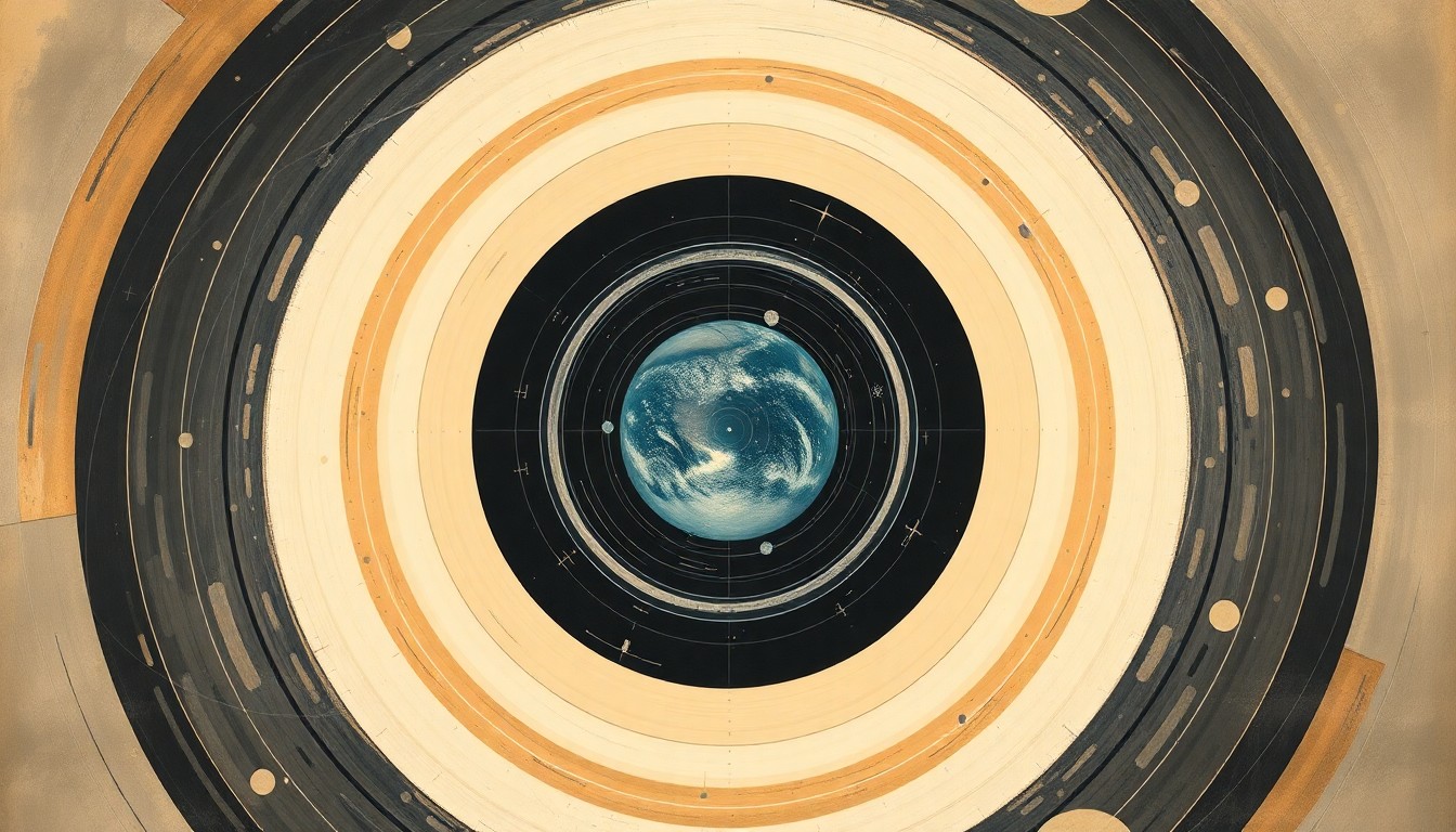 A highly structured abstract painting in soft, flat colors depicting sweeping geometric arcs, concentric planetary circles, and precise astronomical spirals, representing the complex orbital mechanics and scientific forces involved in NASA's Artemis III mission.