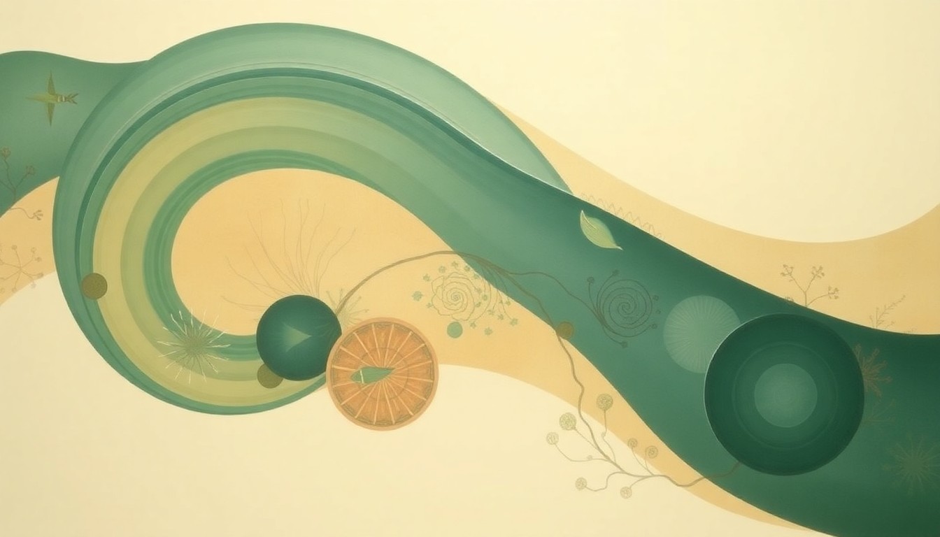 An abstract, highly structured painting in soft, earthy tones of green, blue, and brown, featuring sweeping geometric arcs, concentric circles, and precise botanical spirals, conveying the delicate balance of a Florida coastal ecosystem.