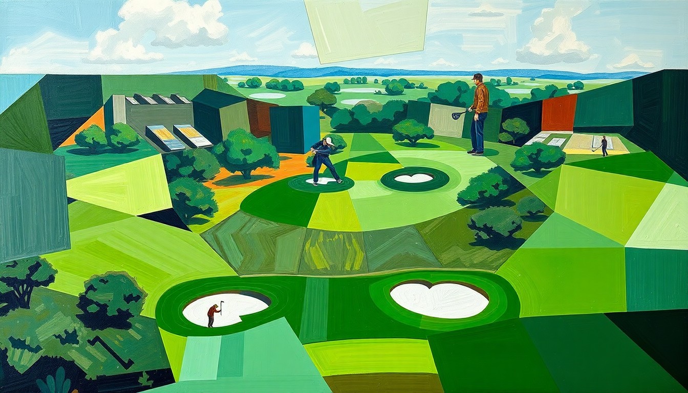 A fragmented, geometric painting in shades of green, blue, and brown, depicting the overlapping movements and perspectives of a college golf tournament.