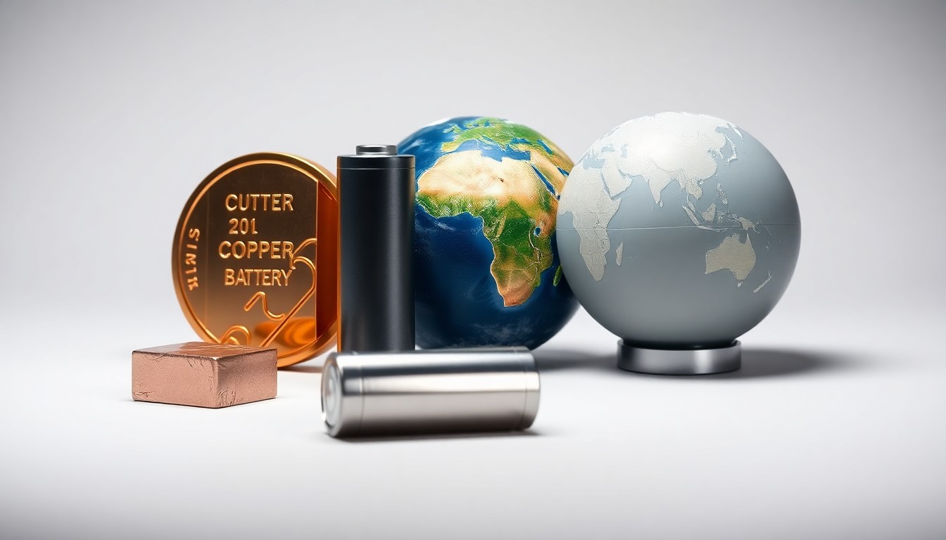 A high-end, photorealistic studio still-life photograph featuring a polished copper ingot, a sleek lithium-ion battery, and a smooth, spherical model of the Earth, all arranged elegantly on a clean, monochromatic seamless background. The objects represent the key commodities and global reach of the mining and energy industries, using sharp, dramatic studio lighting and deep shadows to convey a sense of corporate strategy, finance, and sustainability.