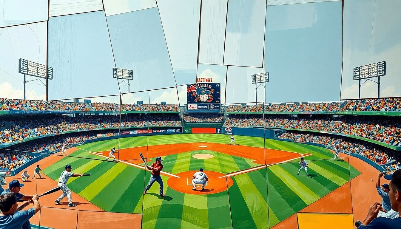 A cubist, geometric painting depicting a baseball game or match, with the players and field abstracted into sharp, overlapping planes of color and shape, conveying the raw energy and tension of the sport.
