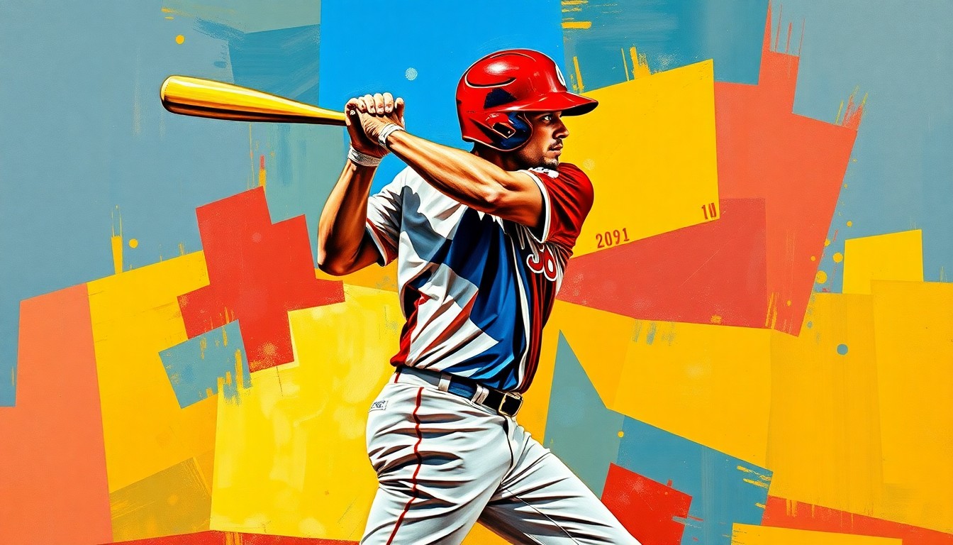 A fractured, geometric painting depicting a baseball player's batting stance, with sharp planes of color and motion capturing the energy and determination of the subject.