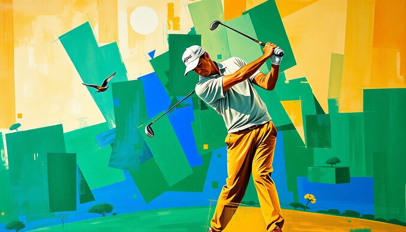 A fractured, geometric painting depicting a golfer's swing in multiple overlapping perspectives, using bold colors and sharp lines to convey the power and precision of the sport.