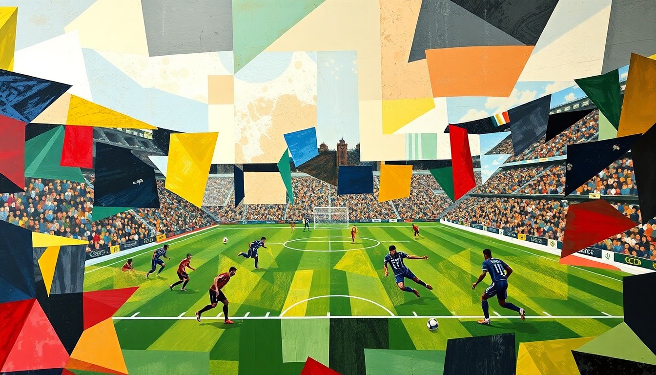 A fractured, geometric painting in the style of Pablo Picasso, breaking down a football game or match into sharp, overlapping planes of color and abstract shapes, with no identifiable players or logos, conceptually representing the complex recovery process for an injured star athlete.
