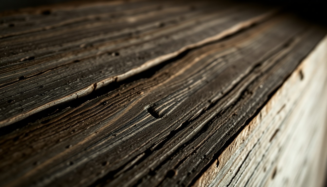 An abstract close-up photograph of a weathered, textured wooden surface, captured in dramatic, high-contrast studio lighting to create a sense of depth and visual interest without depicting any specific objects or people.