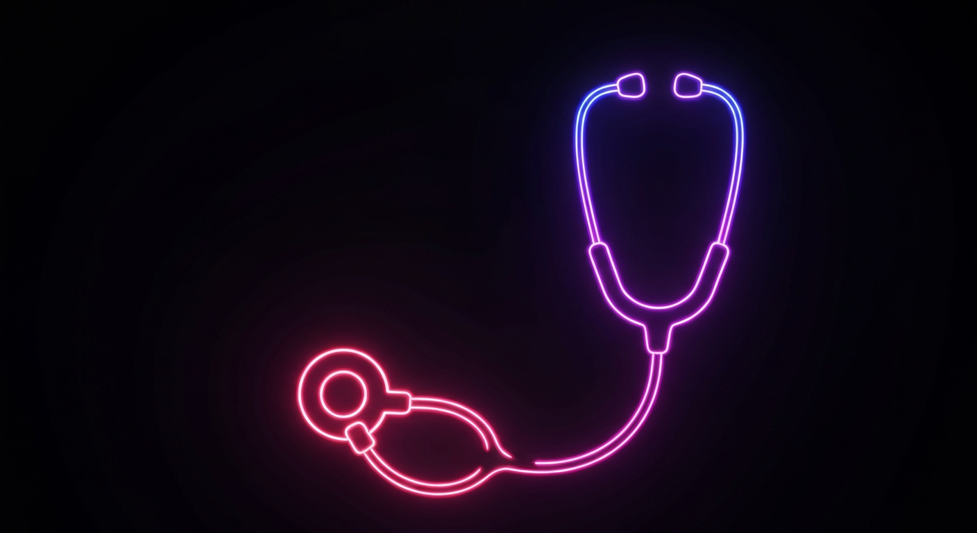 A glowing neon outline of a stethoscope against a dark background, representing the advanced medical technology and research at USF Health.