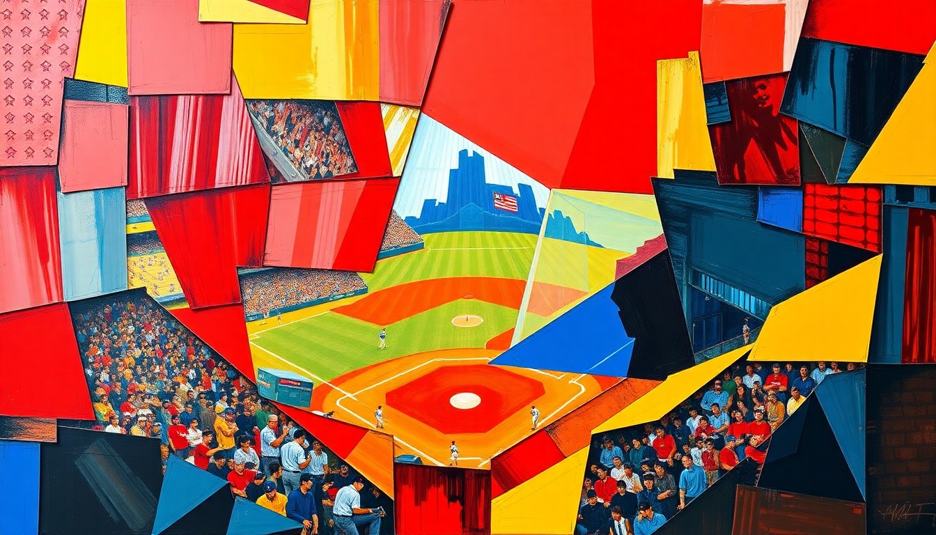 A cubist, geometric painting depicting a baseball game or match, with sharp, overlapping planes of vibrant red, blue, and yellow colors, capturing the dynamic energy and movement of the sport.